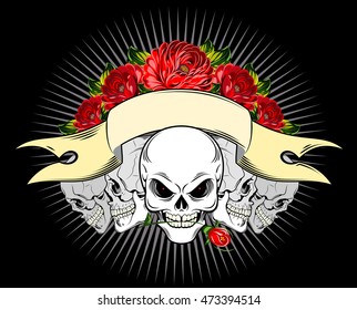 Human skulls and red roses with banner