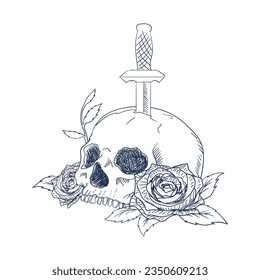 A Human Skulls with Roses and Dagger Tattoo Sketch on white background illustration