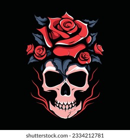 A human skulls with roses on black background