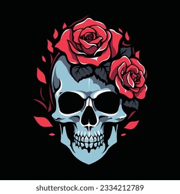 A human skulls with roses on black background