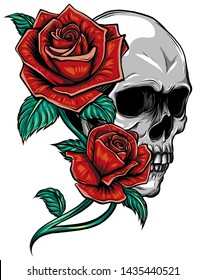 A human skulls with roses on white background