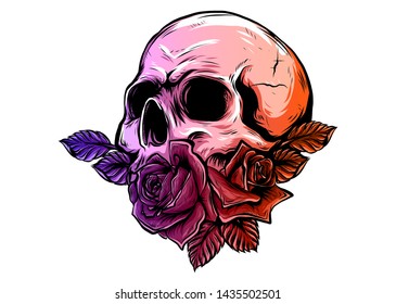 A human skulls with roses on white background