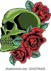 A human skulls with roses on white background