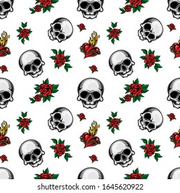 Human skulls with roses and sacred heart seamless pattern. Vector illustration of flaming heart, skulls and floral arrangement of red roses with leaves in engraving technique isolated on white.