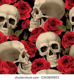 Human skulls and roses vector seamless pattern