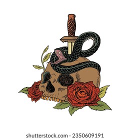 A Human Skulls with Roses Venomous Snake and Dagger on white background Illustration Vector