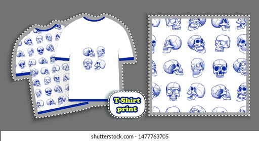 Human skulls, seamless pattern for t-shirt prints. Print for clothes, textiles, bags or postcards, covers, paintings.
