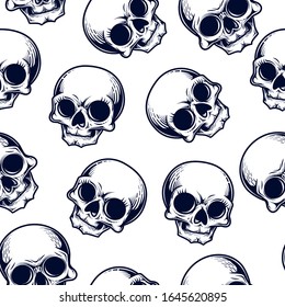 Los cráneos humanos son un patrón sin fisuras. Ilustración vectorial de calaveras lindas en la técnica de grabado aislado en fondo blanco.