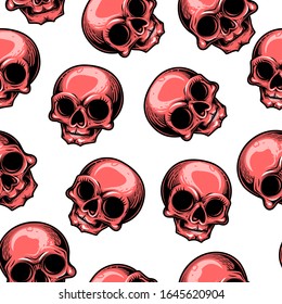 Human skulls seamless pattern. Vector illustration of cute red skulls in engraving technique isolated on white background.