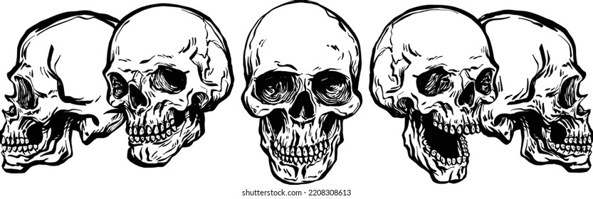 Human Skulls wall panel art tattoo ink black and white