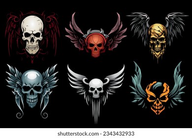 Human skulls and wings. Colourful vector illustration on black background.