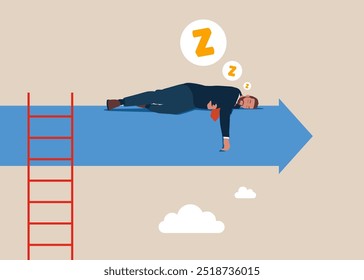 Humano dormindo em um gráfico de seta progressiva. Símbolo de poder e sucesso. Financiamento de negócios. Ilustração vetorial plana moderna