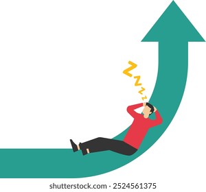 Human sleeping on progressive arrow graph. Symbol of power and success. Business finance. Modern flat vector illustration

