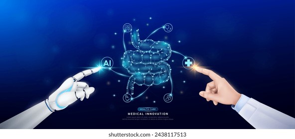 Human small intestine in atom. Doctor and robot finger touching icon AI cross symbol. Health care too artificial intelligence cyborg or technology innovation science medical futuristic. Banner vector.