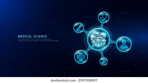 Human small intestine organ inside transparent molecule with icons doctor pill syringe stethoscope saline bag and cross on dark blue digital technology background. Medical science. Vector EPS10.
