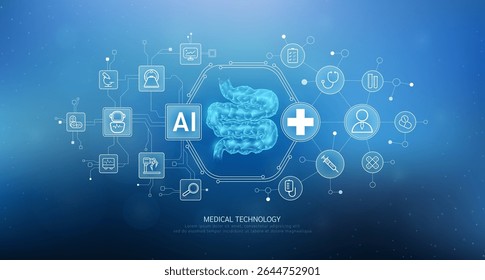 Intestino delgado humano translúcido com ícones de rede médica sobre fundo azul. Inteligência artificial em tecnologia de saúde. Inovação em diagnósticos médicos inteligentes de saúde digital. Vetor. 