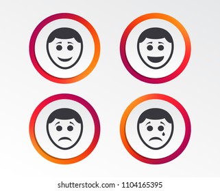 Human smile face icons. Happy, sad, cry signs. Happy smiley chat symbol. Sadness depression and crying signs. Infographic design buttons. Circle templates. Vector