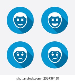 Human smile face icons. Happy, sad, cry signs. Happy smiley chat symbol. Sadness depression and crying signs. Circle concept web buttons. Vector