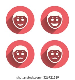 Human smile face icons. Happy, sad, cry signs. Happy smiley chat symbol. Sadness depression and crying signs. Pink circles flat buttons with shadow. Vector