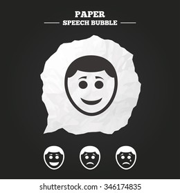 Human smile face icons. Happy, sad, cry signs. Happy smiley chat symbol. Sadness depression and crying signs. Paper speech bubble with icon.