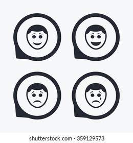 Human smile face icons. Happy, sad, cry signs. Happy smiley chat symbol. Sadness depression and crying signs. Flat icon pointers.