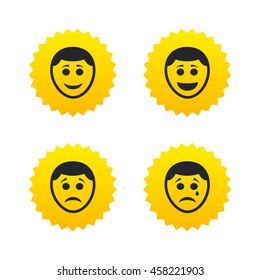Human smile face icons. Happy, sad, cry signs. Happy smiley chat symbol. Yellow stars labels with flat icons. Vector