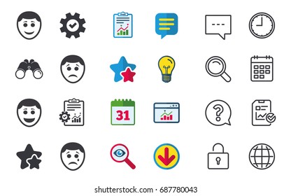 Human smile face icons. Happy, sad, cry signs. Happy smiley chat symbol. Sadness depression and crying signs. Chat, Report and Calendar signs. Stars, Statistics and Download icons. Vector