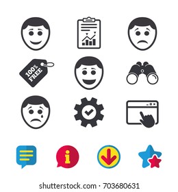 Human smile face icons. Happy, sad, cry signs. Happy smiley chat symbol. Sadness depression and crying signs. Browser window, Report and Service signs. Binoculars, Information and Download icons