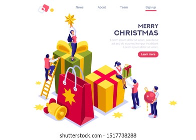 Human smile, male celebrating festive celebration with bell and tiny pretty gift. Female sitting top of present holding shopper. Retail for new year party. Banner website page for winter season.