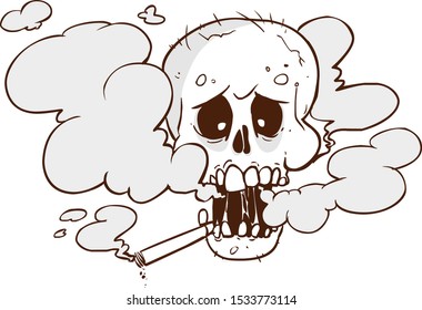 Human smoker skull hold cigarette on mouth. smoking kill concept - vector stock illustration