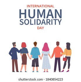 Human solidarity day. Global equality people different cultures, international group men and women holding hands, multiracial friendship social help and support vector flat concept on white background