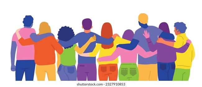 Human Solidarity of happy friend group hug. Colorful vector illustration.