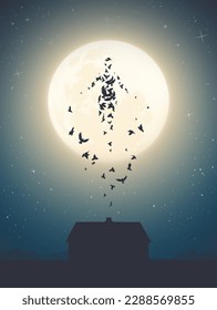 Human soul flies out of house. Death, afterlife. Birds and full moon