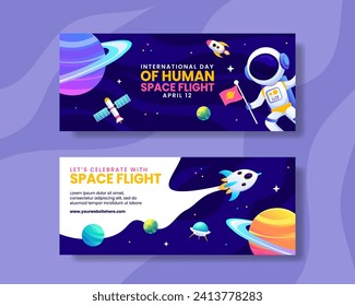 Human Space Flight Horizontal Banner Flat Cartoon Hand Drawn Templates Background Illustration