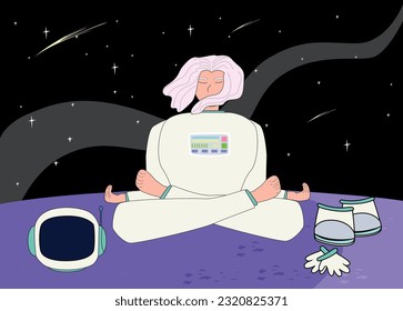 a human in a spacesuit meditates in a lotus position against the backdrop of comet stars and boundless space, harmony with the universe and with himself. Vector illustration.