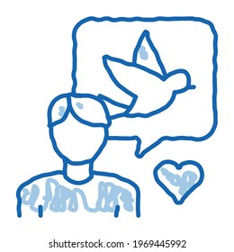 Human Speaking About Bird sketch icon vector. Hand drawn blue doodle line art Ornithologist Talk With Love About Bird, Quote Frame And Heart sign. isolated symbol illustration