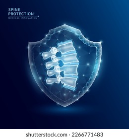 Human spine bone anatomy organ translucent low poly triangle inside shield futuristic glowing. On dark blue background. Immunity protection medical innovation concept. Vector EPS10.