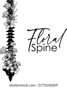 Human spine. Silhouette floral spine. Anatomy. Floral tattoo. Bones. Vector illustration of skeleton isolated on white background.