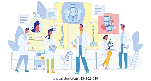 Human Spine, Vertebral Column Diseases and Problems Diagnostics and Treatment Flat Vector Concept. Female and Male Doctor, Medical Experts or Medicine Scientist Studying Patients X-Ray Illustration