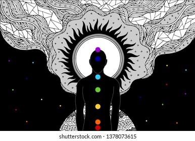 human and spirit energy connect to the universe power abstract art vector illustration design hand drawing