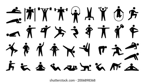Human sport icons. Physical training. Fitness and gym exercises. Yoga or aerobic workout. Isolated symbols with stick man. Minimal athletic person. Body silhouettes. Vector signs set - Shutterstock ID 2006898368