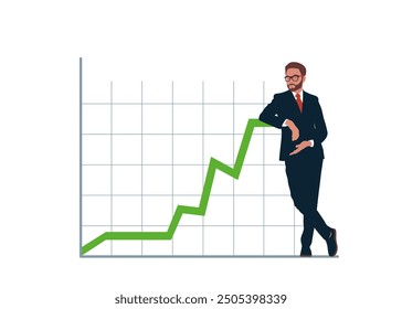 Human standing with crossed legs and leaning on rising profit growth graph. Increase earning or income. Modern vector illustration in flat style