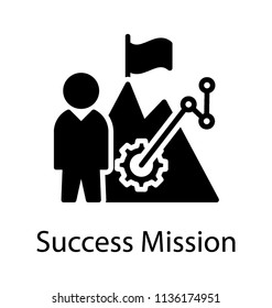 Human standing near a mountain with engraved wedged flag, a cogwheel and performance line is also there, this is as a whole depiction for mission success 