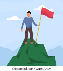 Human standing on the top of mountain with flag, success concept,  leadership and reach business goal vector illustration 