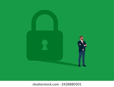 Humano de pie con la cerradura de la sombra. El hombre de negocios está protegido de forma segura. Seguro, protección del dinero, concepto de seguridad financiera. Ilustración vectorial moderna plana
