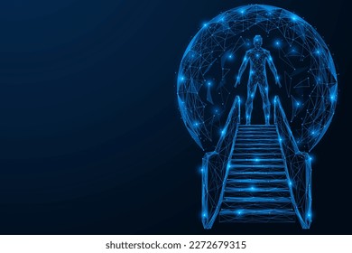 Human stands on a ladder in front of the globe. Polygonal design of interconnected lines and points. Blue background.