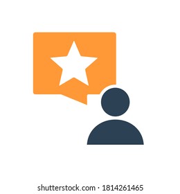 Human with star in speech bubble colored icon. Customer review, feedback, add to favorites symbol