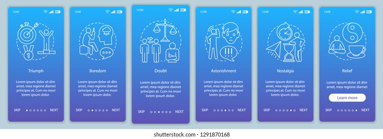 Human states onboarding mobile app page screen vector template. Triumph, boredom, doubt, nostalgia, relief. Walkthrough website step with linear illustrations. UX, UI, GUI smartphone interface concept