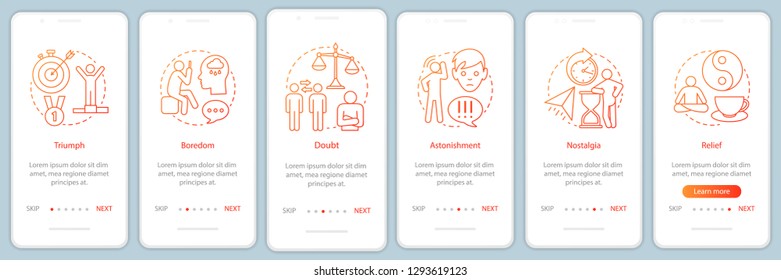 Human states onboarding mobile app page screen with linear concepts. Triumph, boredom, doubt, nostalgia, relief walkthrough steps graphic instructions. UX, UI, GUI vector template with illustrations