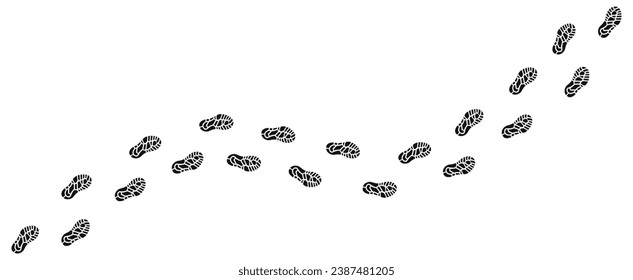 Human step footprints paths. Trace of foot prints of person in boots or sneakers. Track from shoe sole prints. Road of human feet. Footstep trekking. Step by step. Silhouette. Vector isolated on white